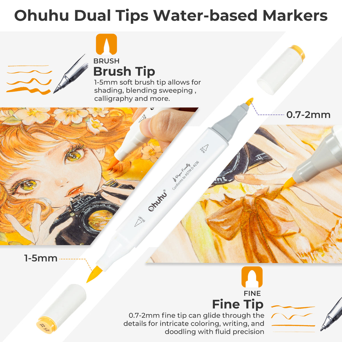 Ohuhu Paper-friendly (No Peeling) Markers Water-based 60 Colors