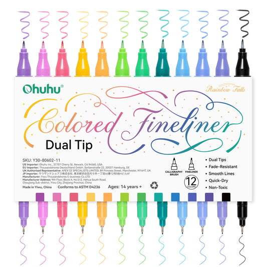 Ohuhu Colored Fineliner & Brush Pens, 12 Colors