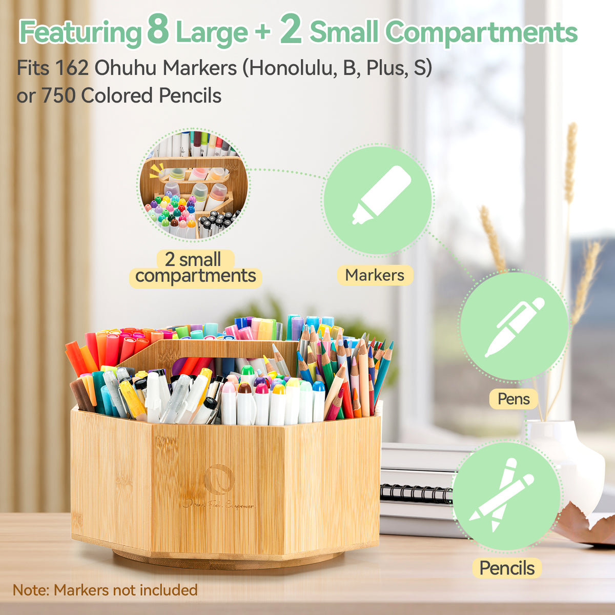 Ohuhu 360° Bamboo Rotating Marker Organizer