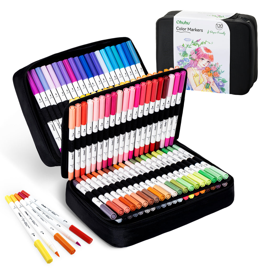 Ohuhu Pupe Paper-friendly (No Peeling) Brush and Fineliner Dual Tips 120 Colors Water-based Coloring Markers
