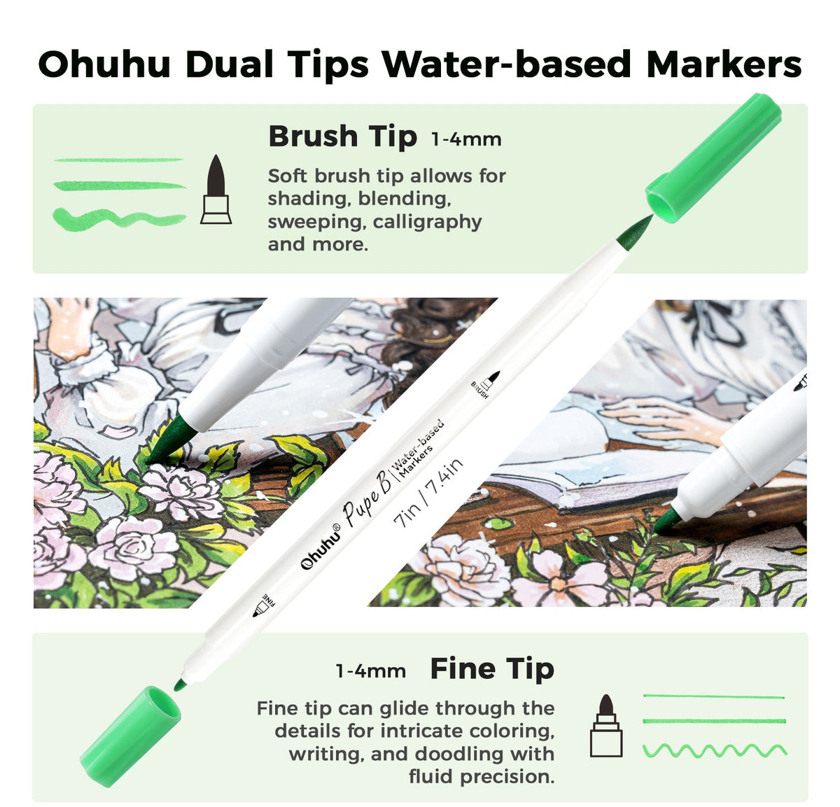 Ohuhu Pupe B 40 Paper-friendly (No Peeling)  Markers＆ Coloring Book Set