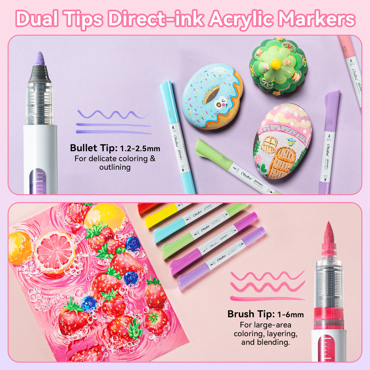 Ohuhu 24 Colors Brush & Bullet Automatic Ink Control Acrylic Markers - Waimoku