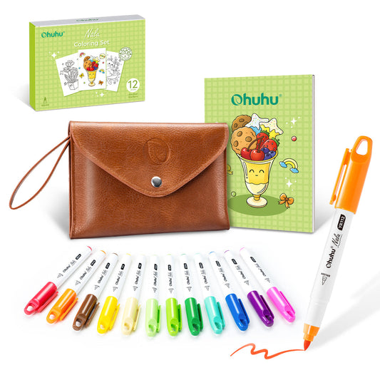 Ohuhu 12 Colors Mini Alcohol Markers Brush Tip - Nalu Travel Coloring Kit