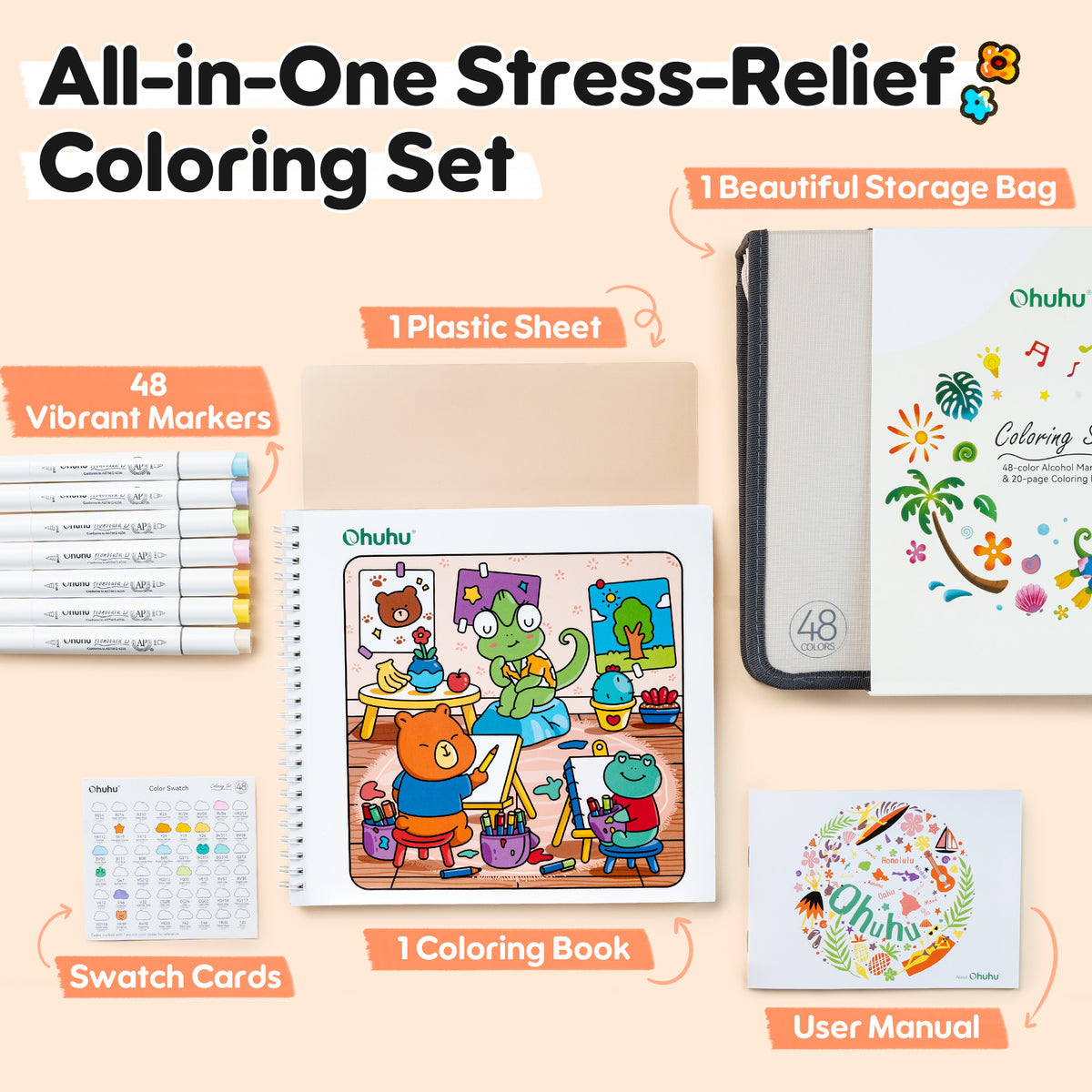 Ohuhu Honolulu B 48 Colors Alcohol Markers with Coloring Book