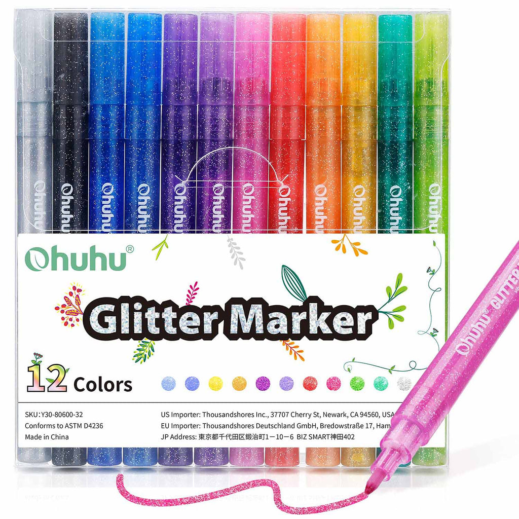 Ohuhu Water-Based Glitter Metallic Marker Pens, 12 Shimmer Colors