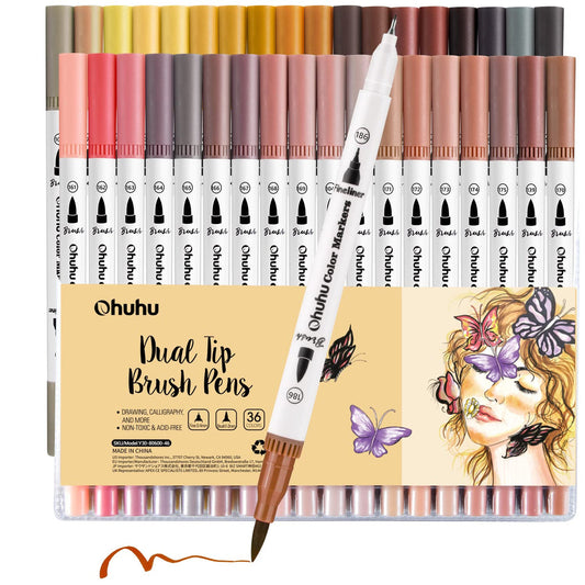 Ohuhu Maui 36 Skin Tone Colors Dual Tips Water Based Art Markers, Brush & Fineliner